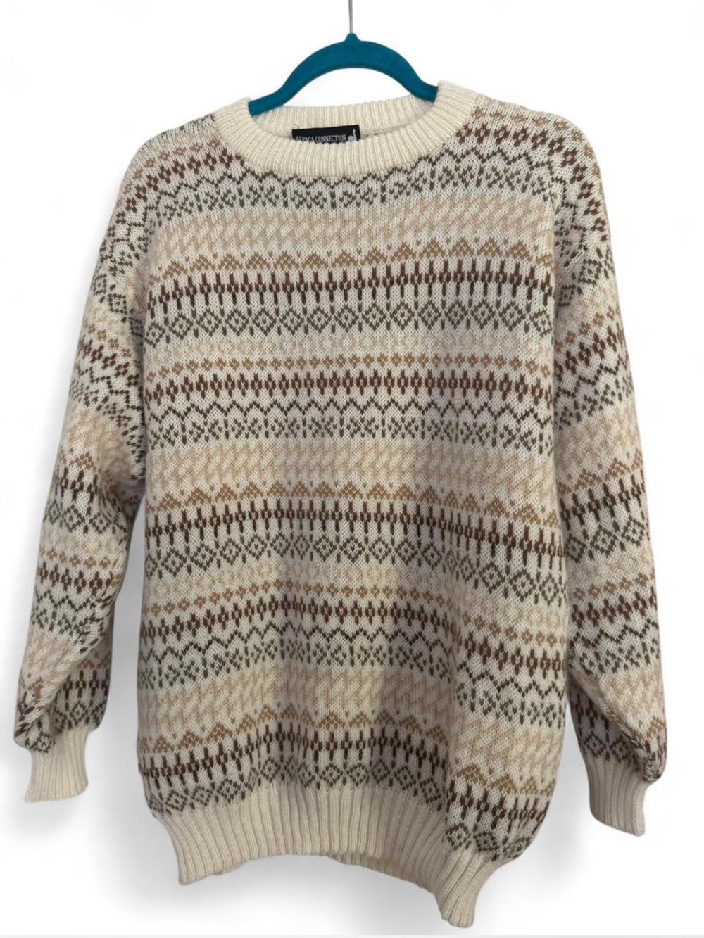 Alpaca Connection Made In Peru Fair Isle Crewneck Sweater - Cream & Brown